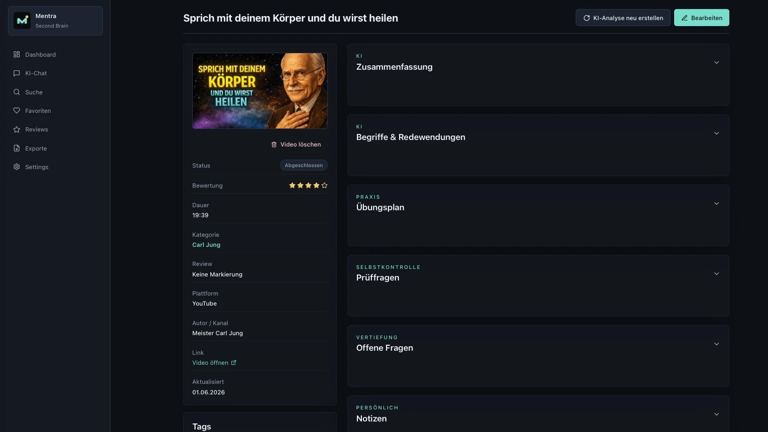 Mentra Video-Wissenssystem als lokale KI-App mit Video-Detail, KI-Analyse, Tags, Navigation und dunkler Oberfläche