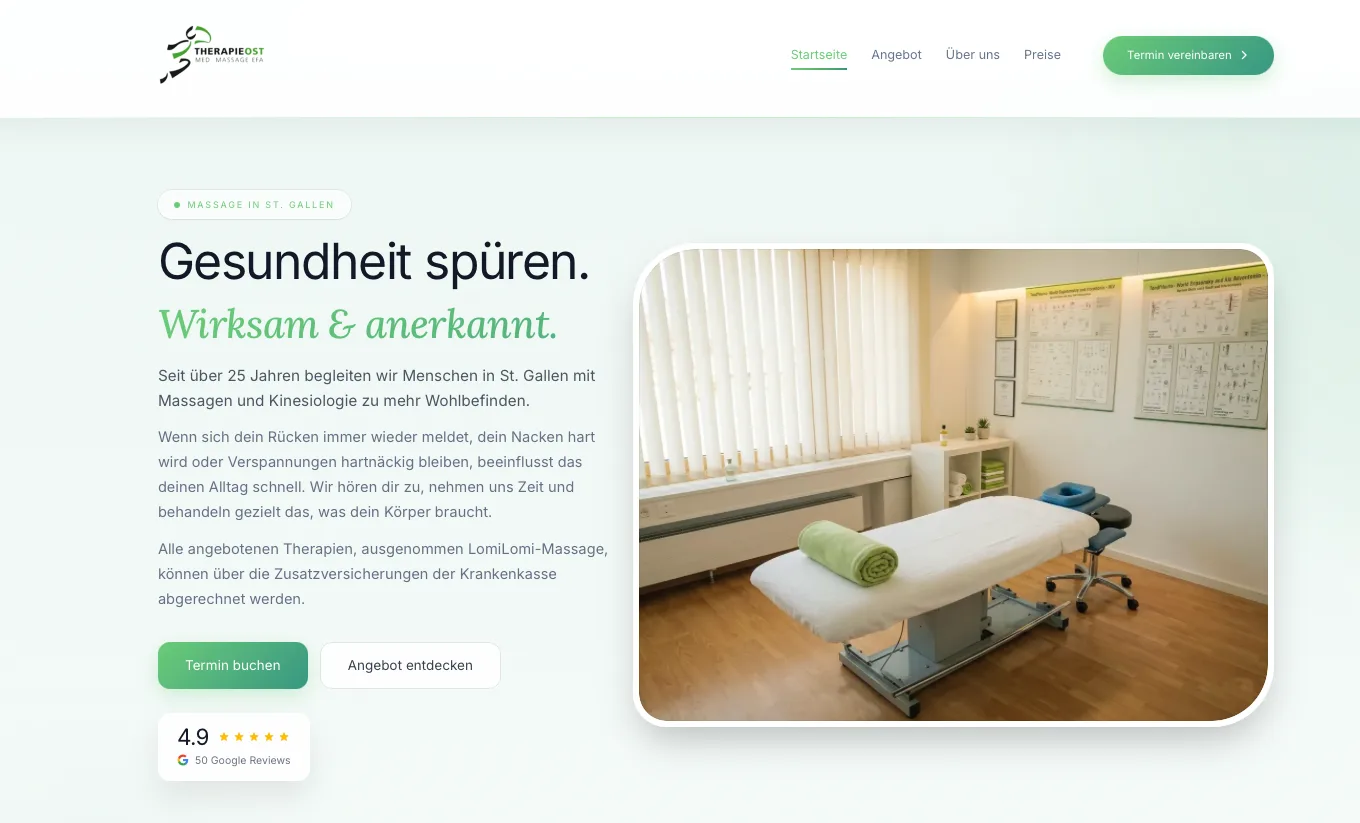 Screenshot der Therapie Ost Website mit Hero Bereich und Praxisbild